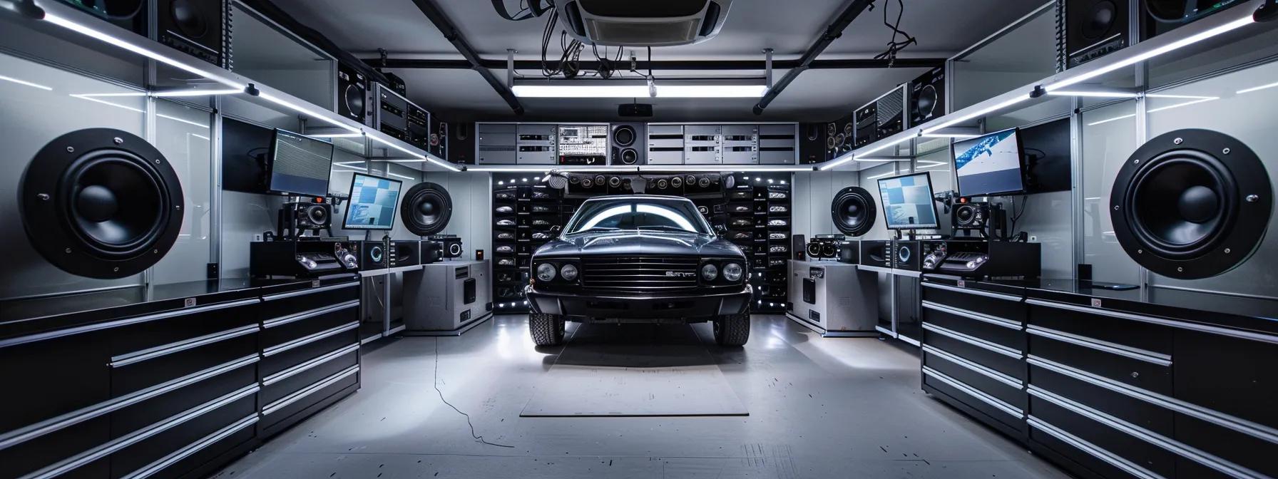 a modern car audio installation workshop featuring a sleek, customized vehicle with an impressive subwoofer setup, illuminated by bright overhead lights and showcasing various high-tech audio equipment lining the walls.