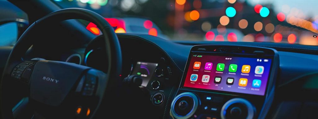 a sleek modern car interior showcases a large touchscreen car stereo displaying apple carplay, emphasizing advanced connectivity features and enhancing in-car audio experiences with vibrant colors and a high-tech aesthetic.