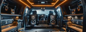 a sleek truck interior showcases a powerful custom sound system, featuring an impressive subwoofer prominently installed in the back, surrounded by an array of high-performance audio components, illuminated by dynamic led lighting.