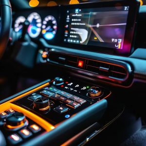 a close-up view of a modern car interior, showcasing a sleek dashboard with an open stereo installation kit and vibrant audio components, emphasizing the technical mastery of auto stereo installation.