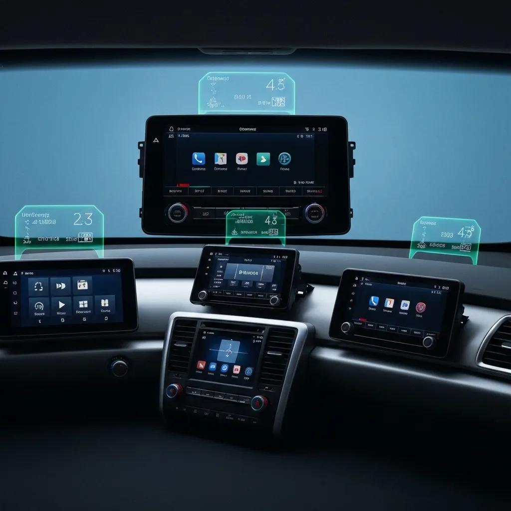 Close-up of modern car head unit with touchscreen interface and connectivity features