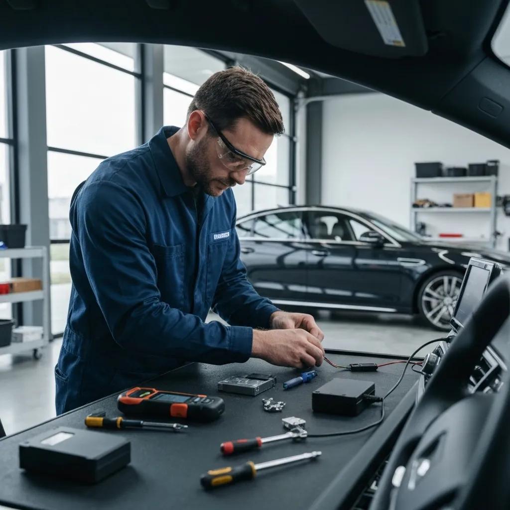 Technician installing a remote start system in a modern vehicle