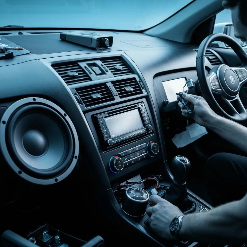 Professional car audio installation with technician working on dashboard and audio equipment