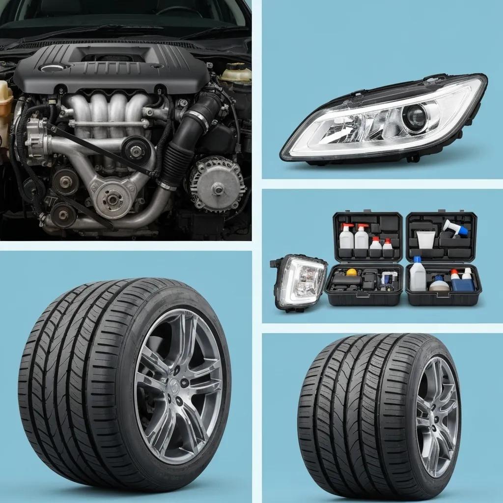 Collection of car audio components including head unit, speakers, amplifier, and subwoofer