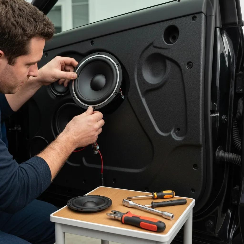 Technician installing high-quality speakers in a car door for improved sound quality