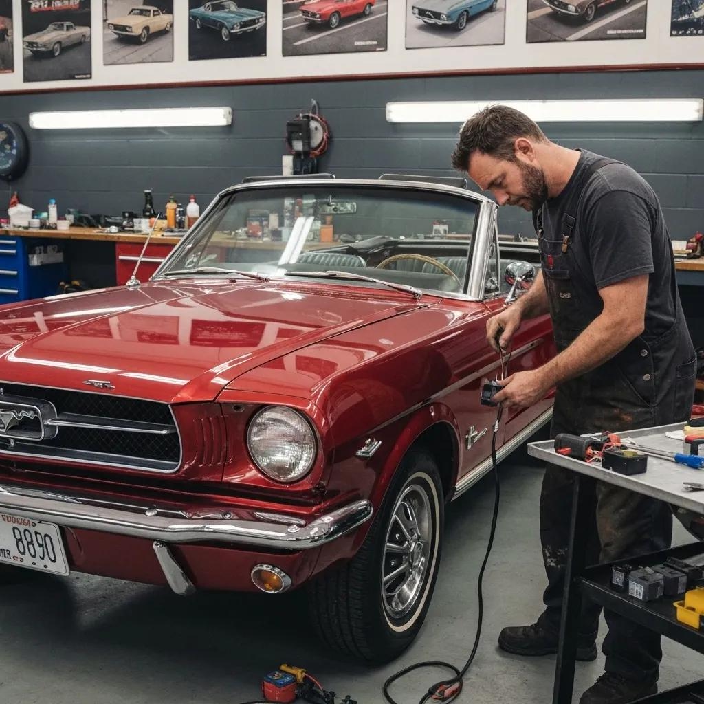 Technician installing a remote start system in a vintage car