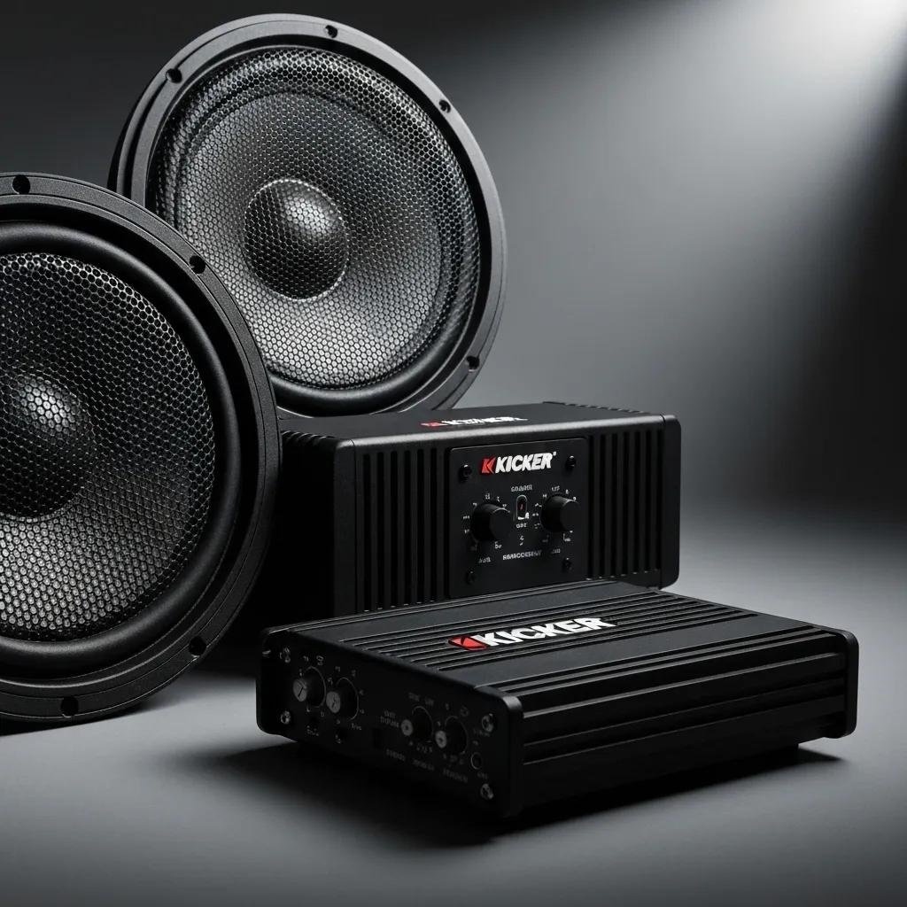 Close-up of Kicker audio components including speakers and amplifiers on a workbench