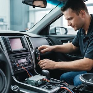 Professional car audio installation with technician working on dashboard components