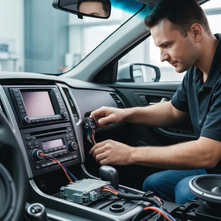 Professional car audio installation with technician working on dashboard components
