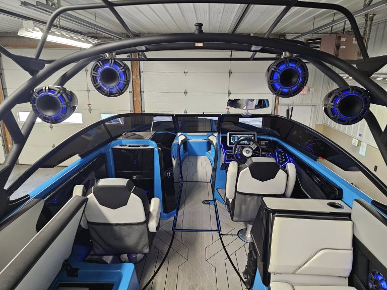 Custom boat sound system with marine speakers installed by D & B Sales