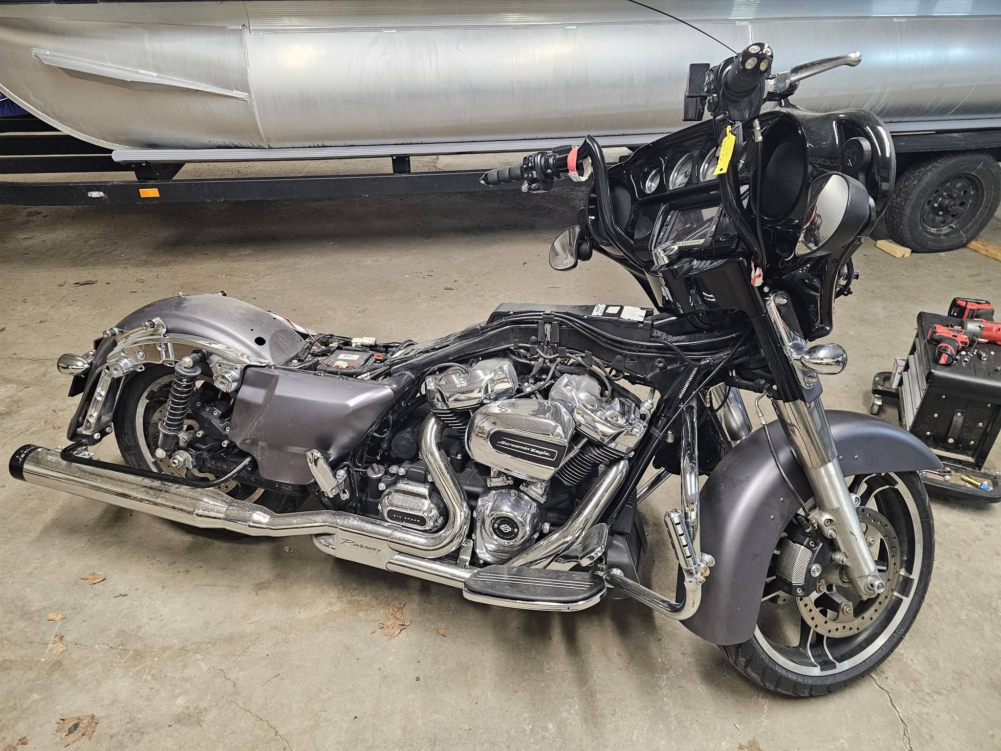 Completed Harley-Davidson motorcycle audio upgrade at D & B Sales in Fremont, Indiana