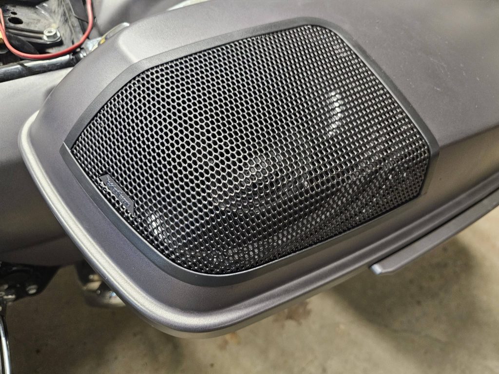 Rockford Fosgate saddlebag speakers installed on a Harley-Davidson motorcycle