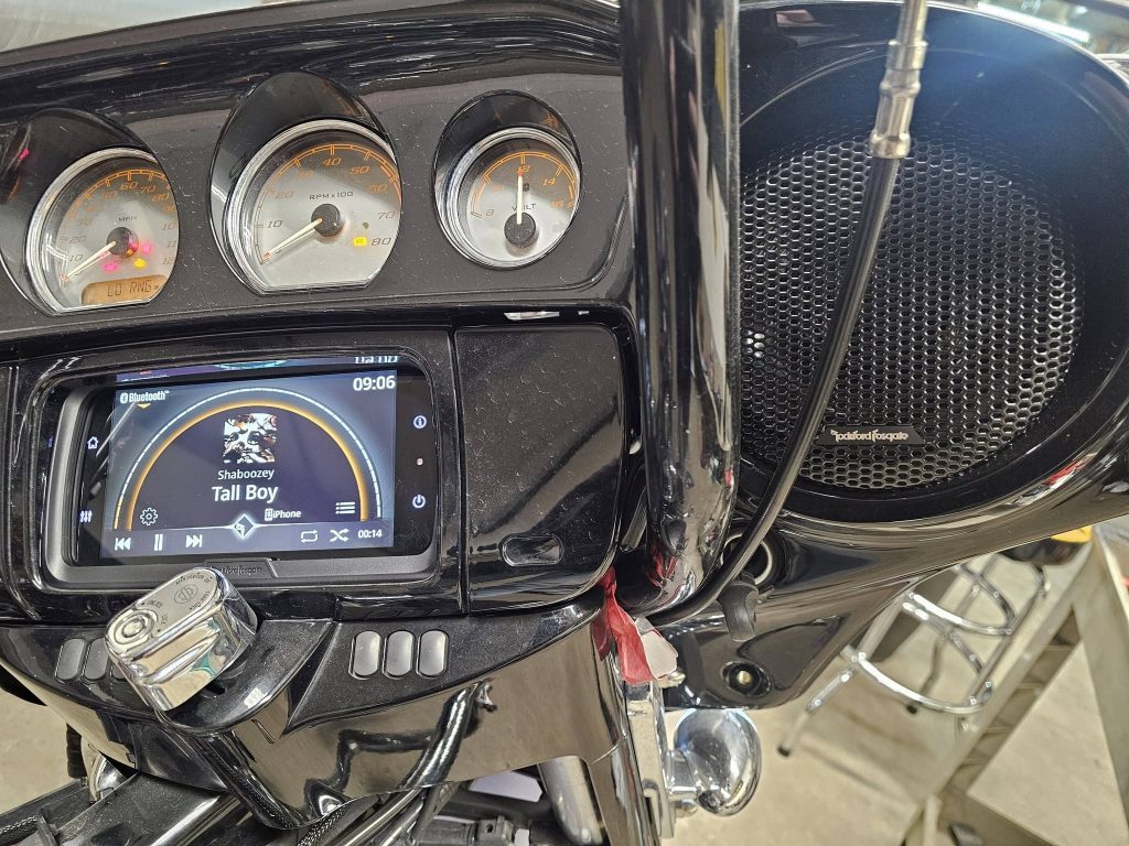 Touchscreen stereo installed in a Harley-Davidson motorcycle in Fremont, Indiana